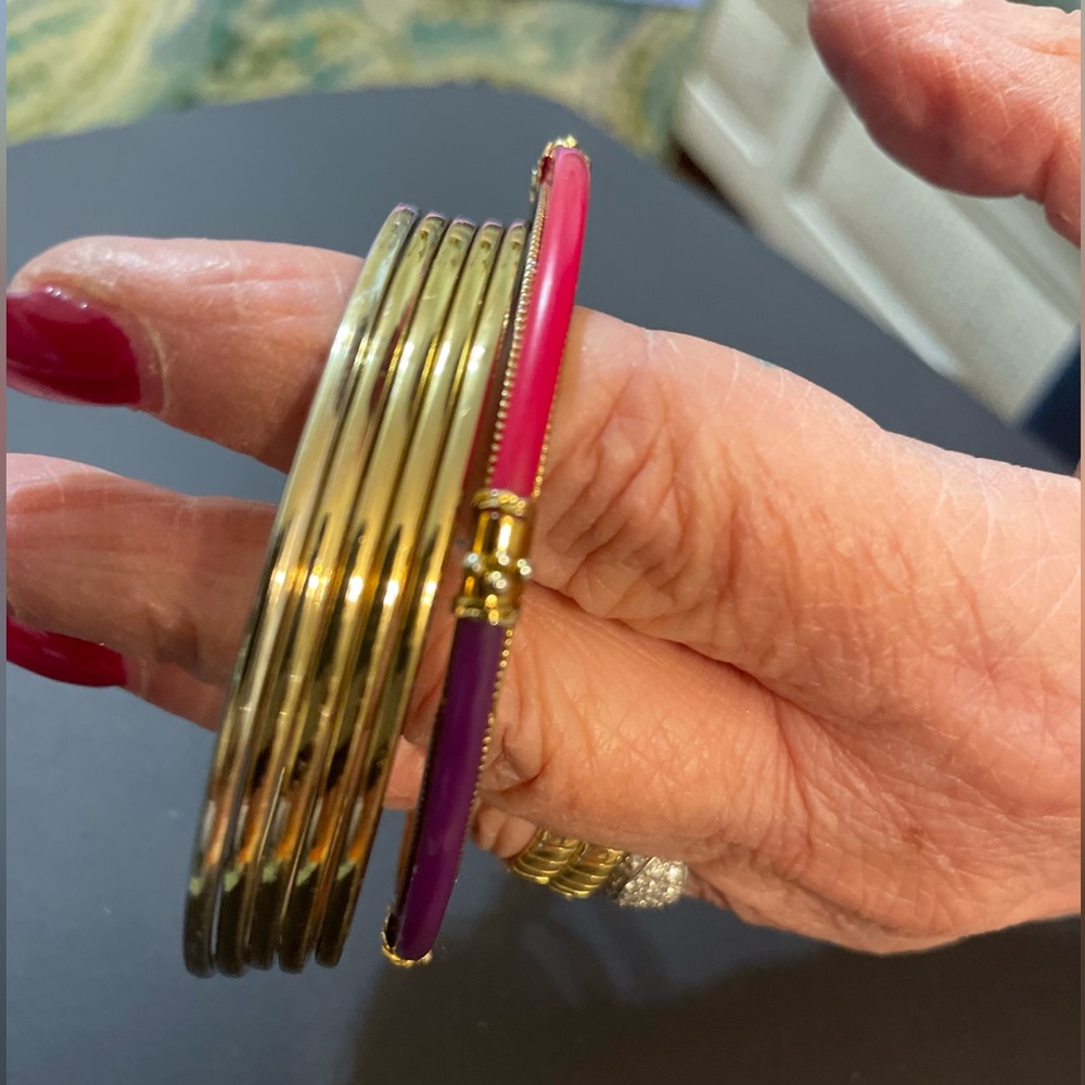 Set of six gold-tone (w one colored resin) bangles